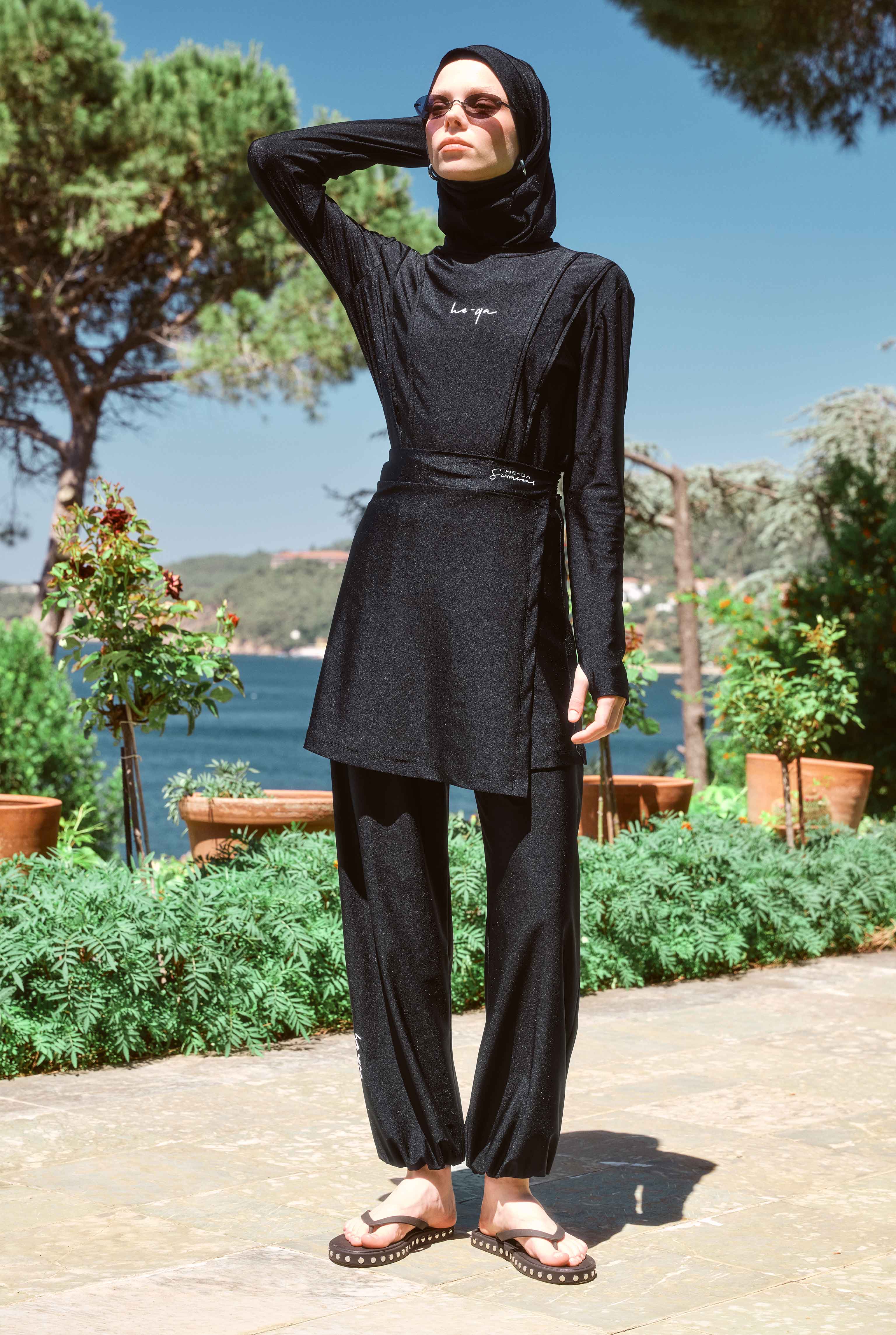 Pintuck Detailed Modest Swimwear Black - HE-QA
