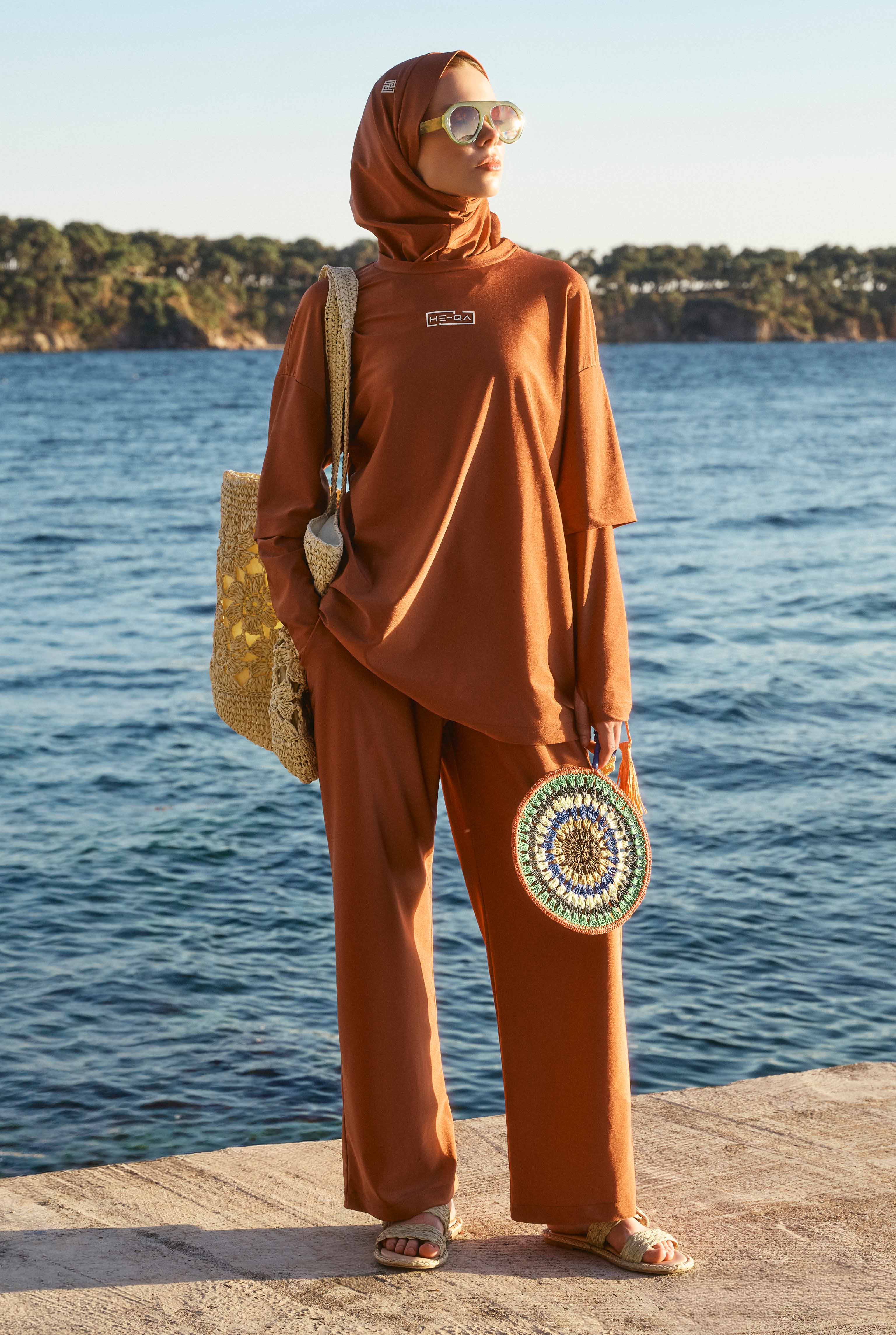 Sporty Modest Swimwear Set Brick Red - HE-QA