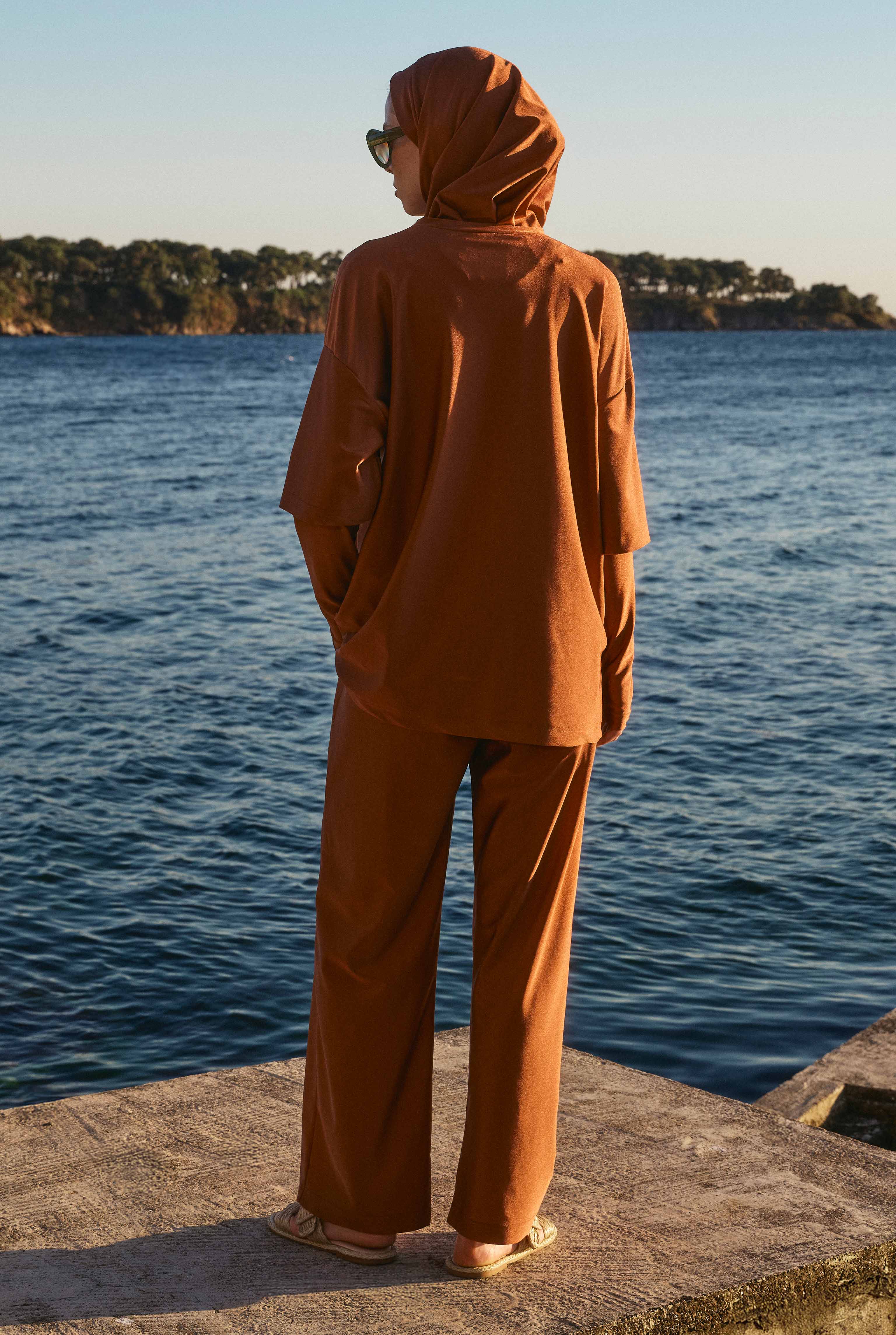 Sporty Modest Swimwear Set Brick Red - 5