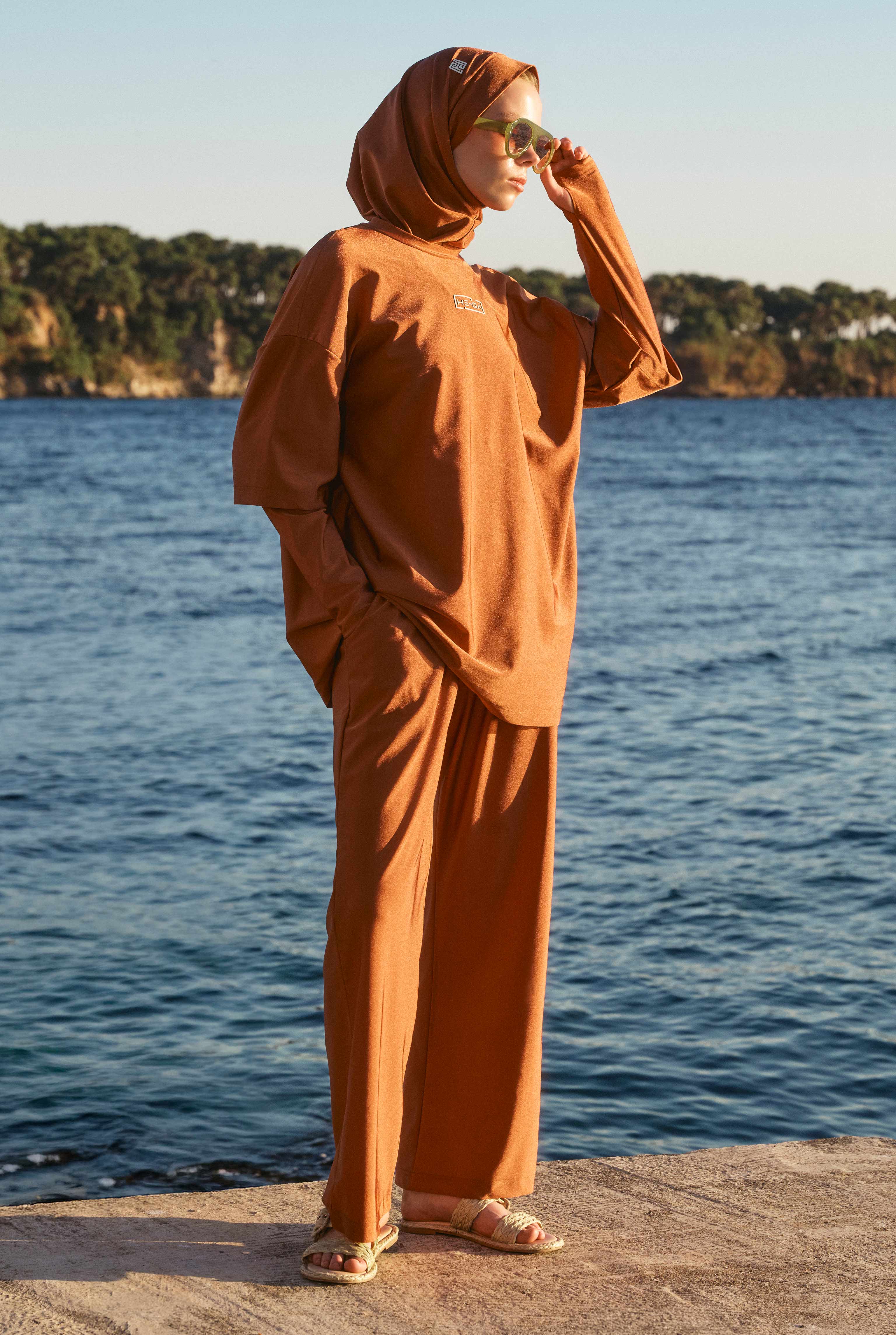 Sporty Modest Swimwear Set Brick Red - 4