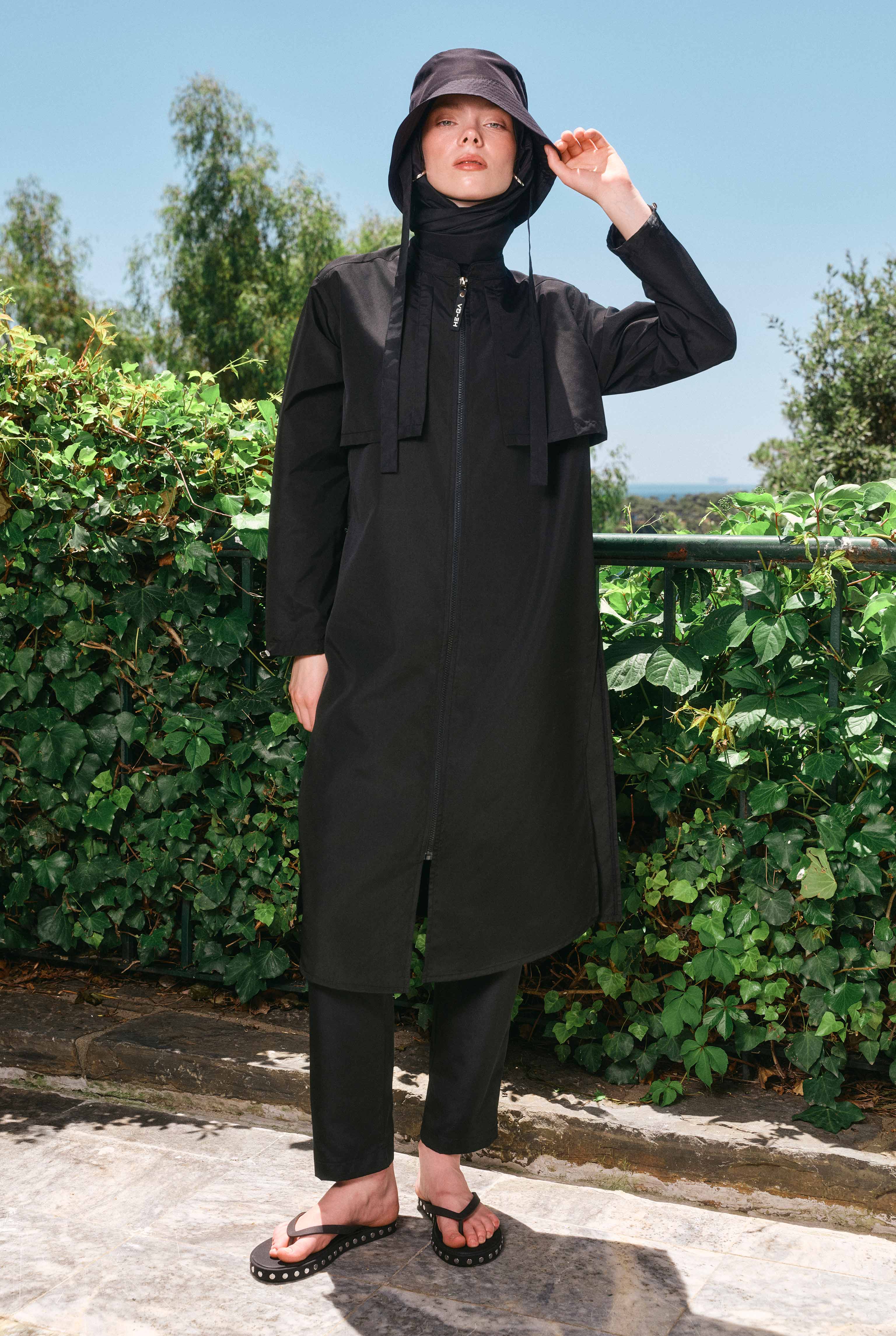 Long Swimwear Set with Windbreaker Detail Black - HE-QA
