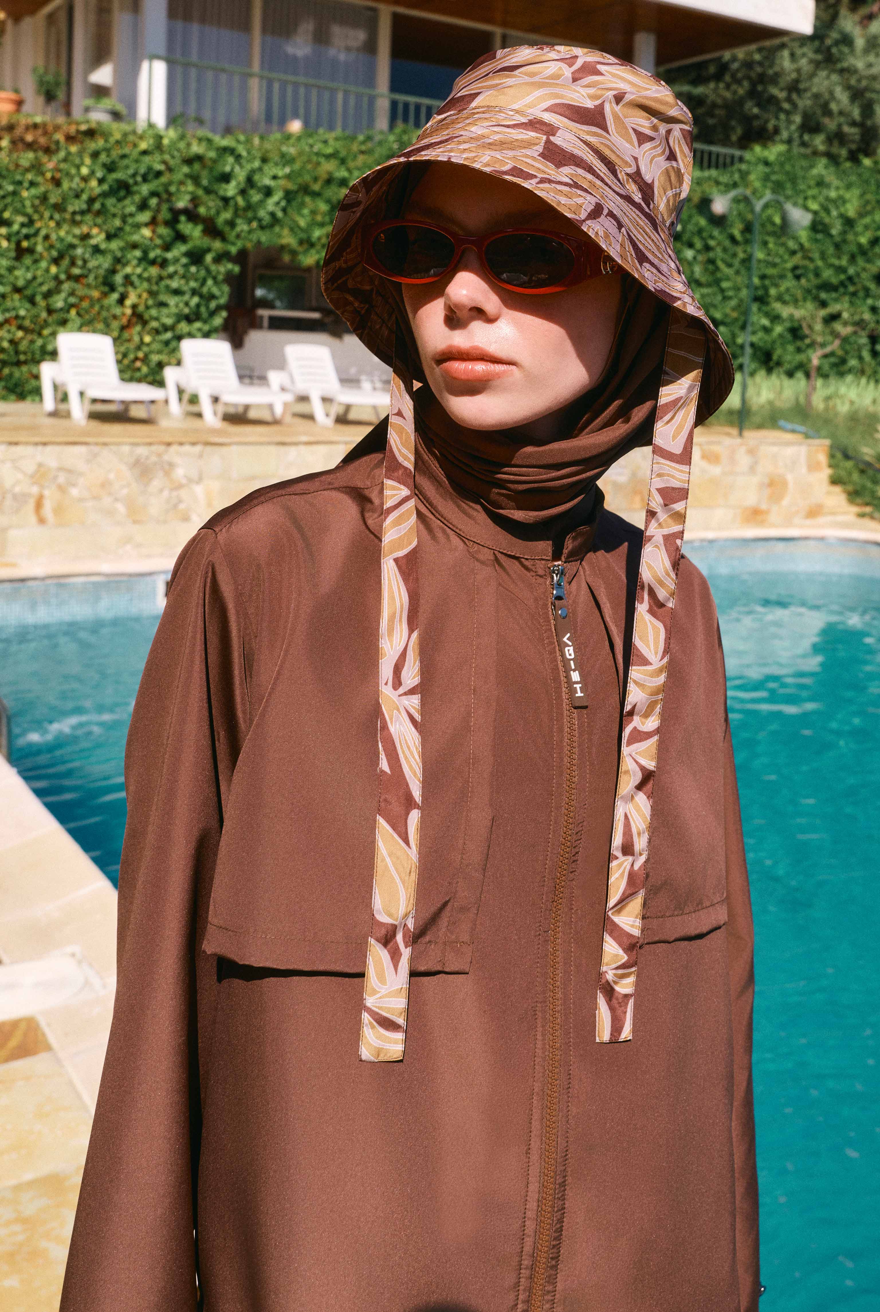 Long Swimwear Set with Windbreaker Detail Brown - 4