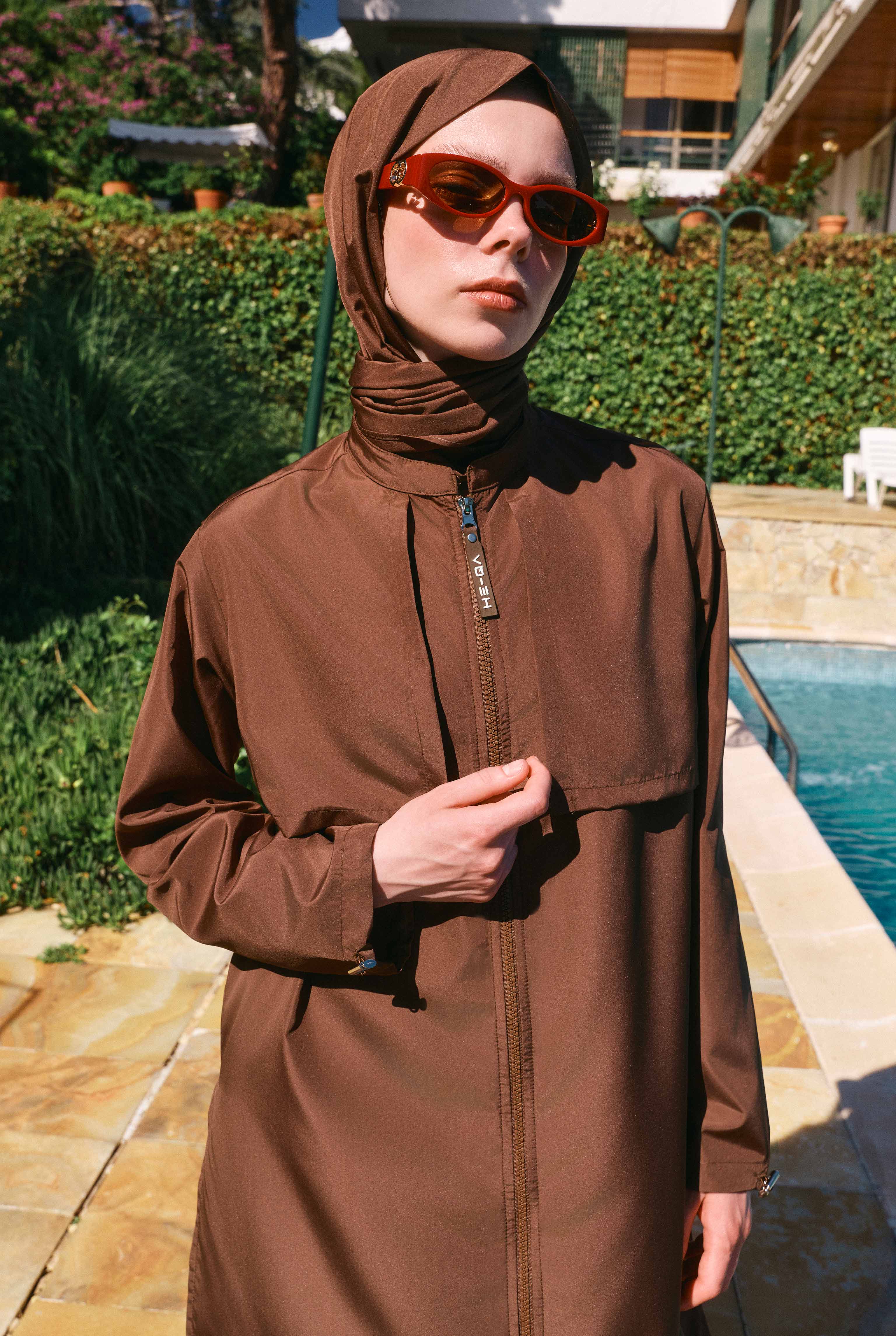 Long Swimwear Set with Windbreaker Detail Brown - 2