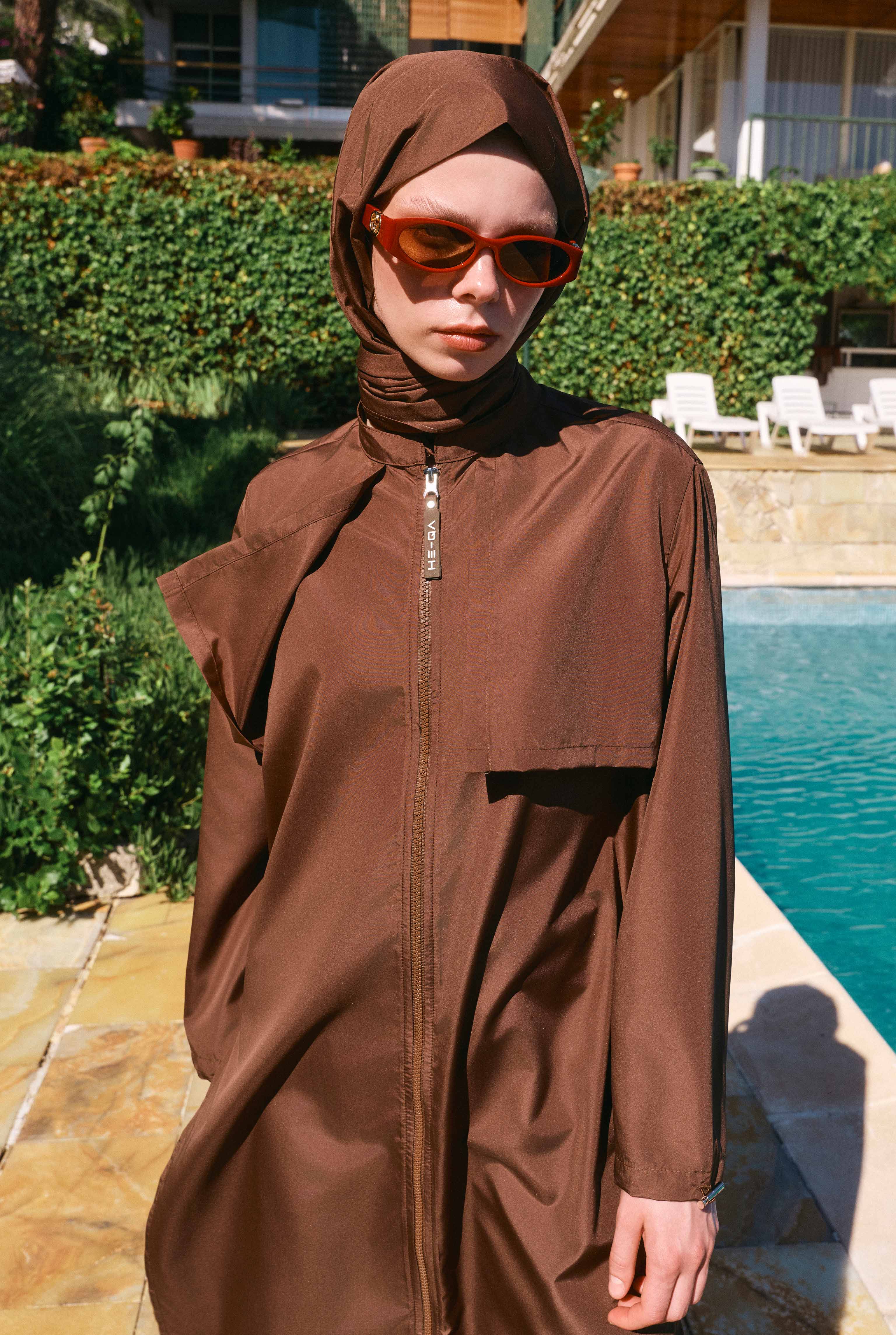 Long Swimwear Set with Windbreaker Detail Brown - 5
