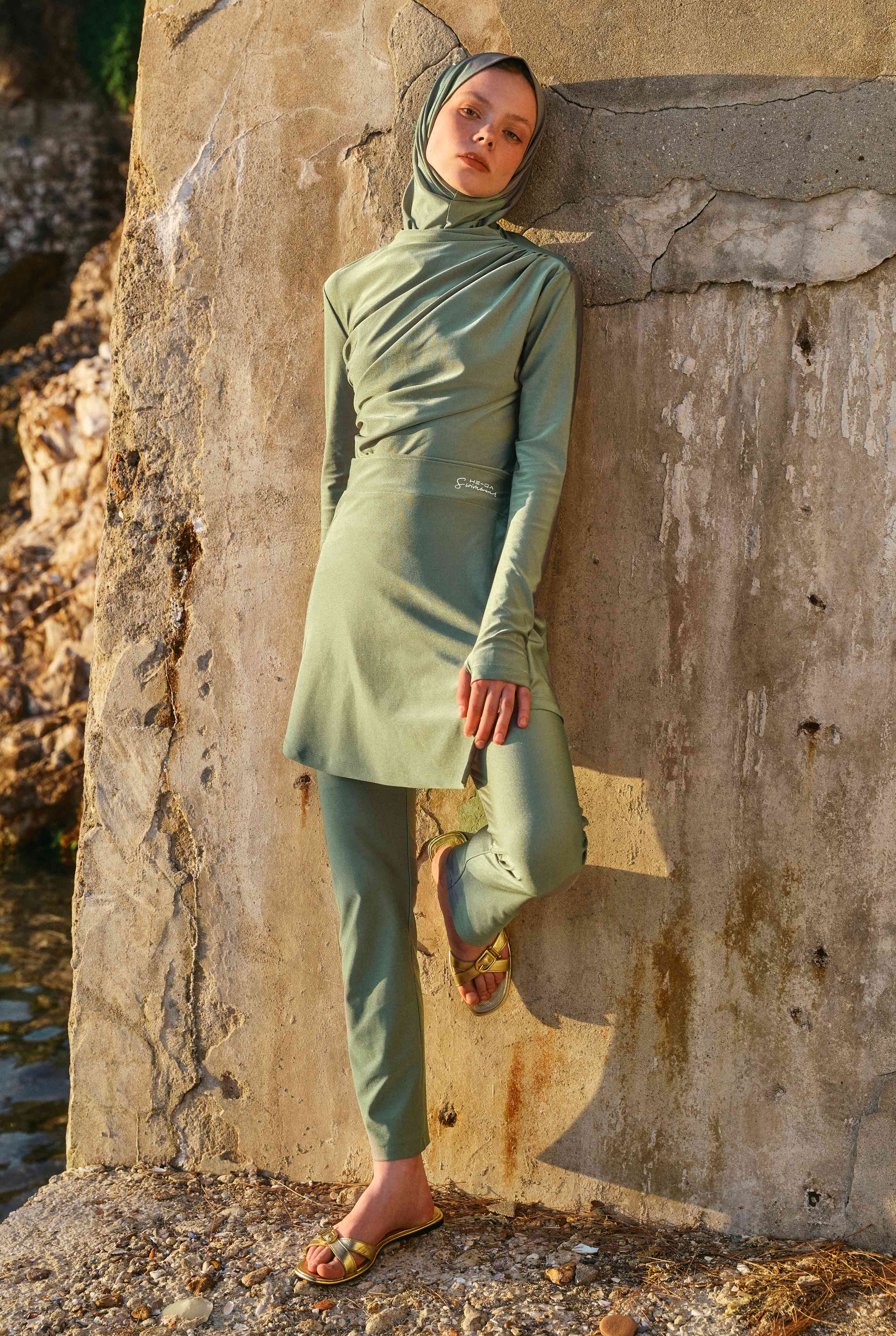 Draped Modest Swimwear Set Green - HE-QA