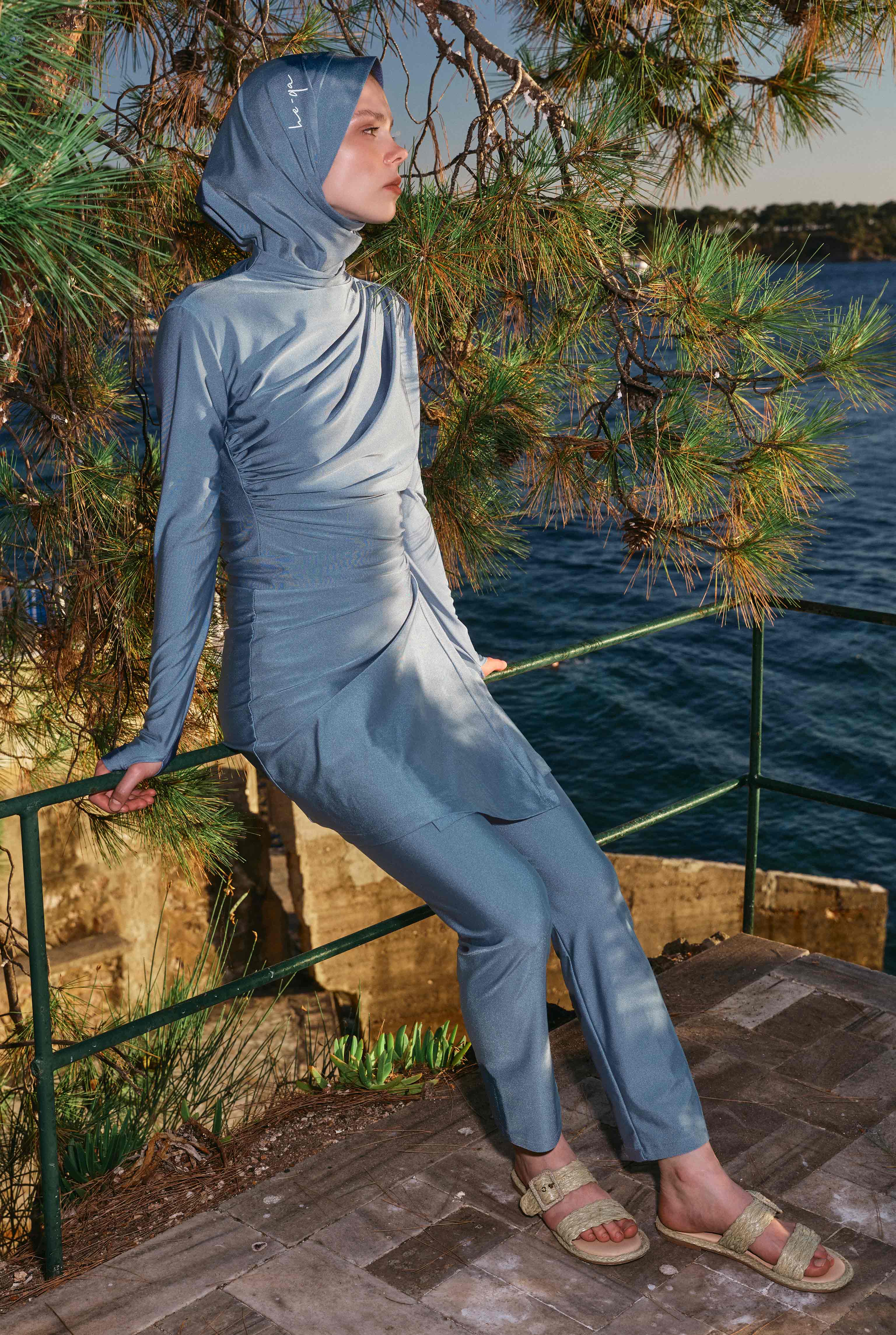 Draped Modest Swimwear Set Light Blue - 6