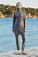 Draped Modest Swimwear Set Gray 