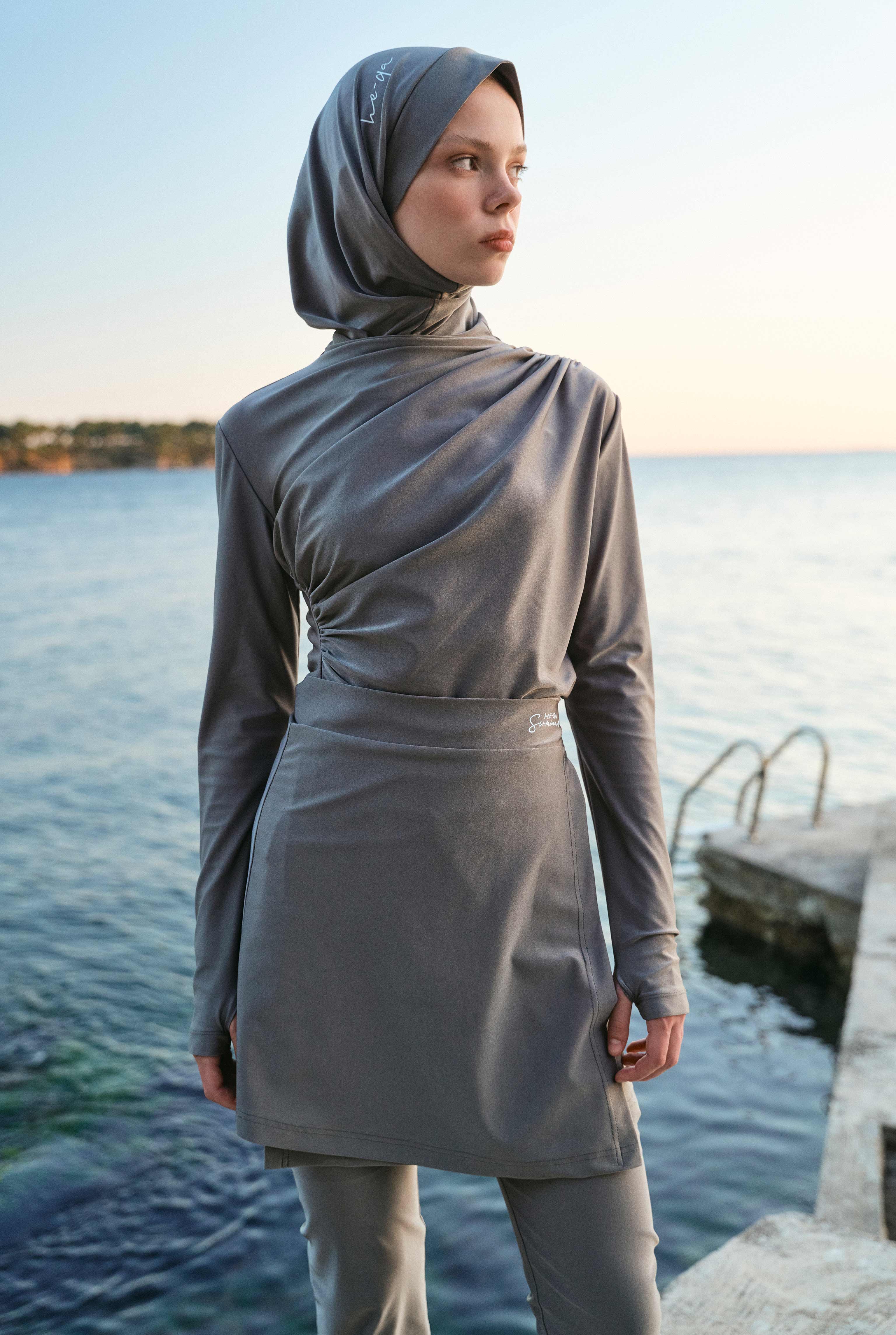 Draped Modest Swimwear Set Gray - 4