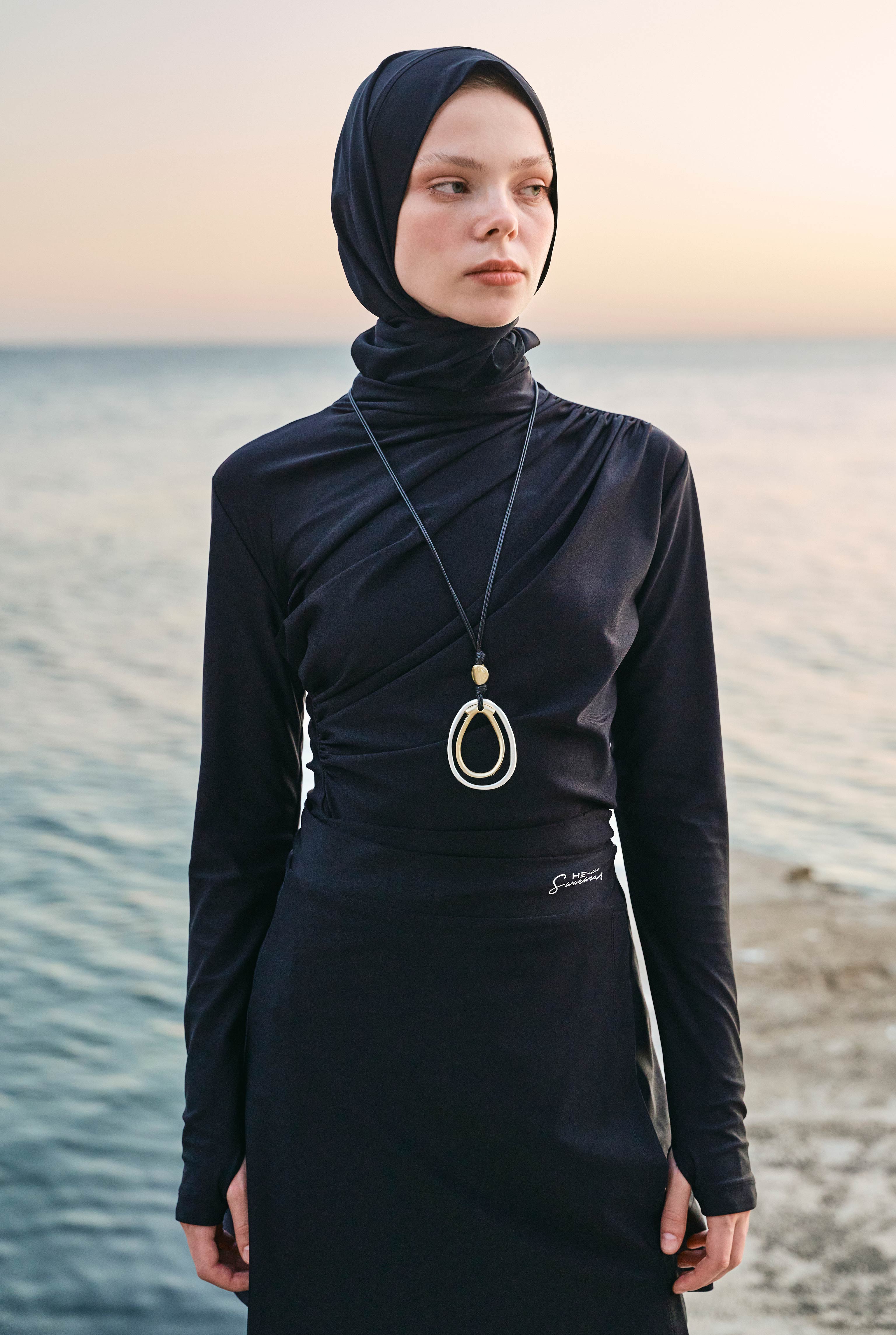 Draped Modest Swimwear Set Black - 7