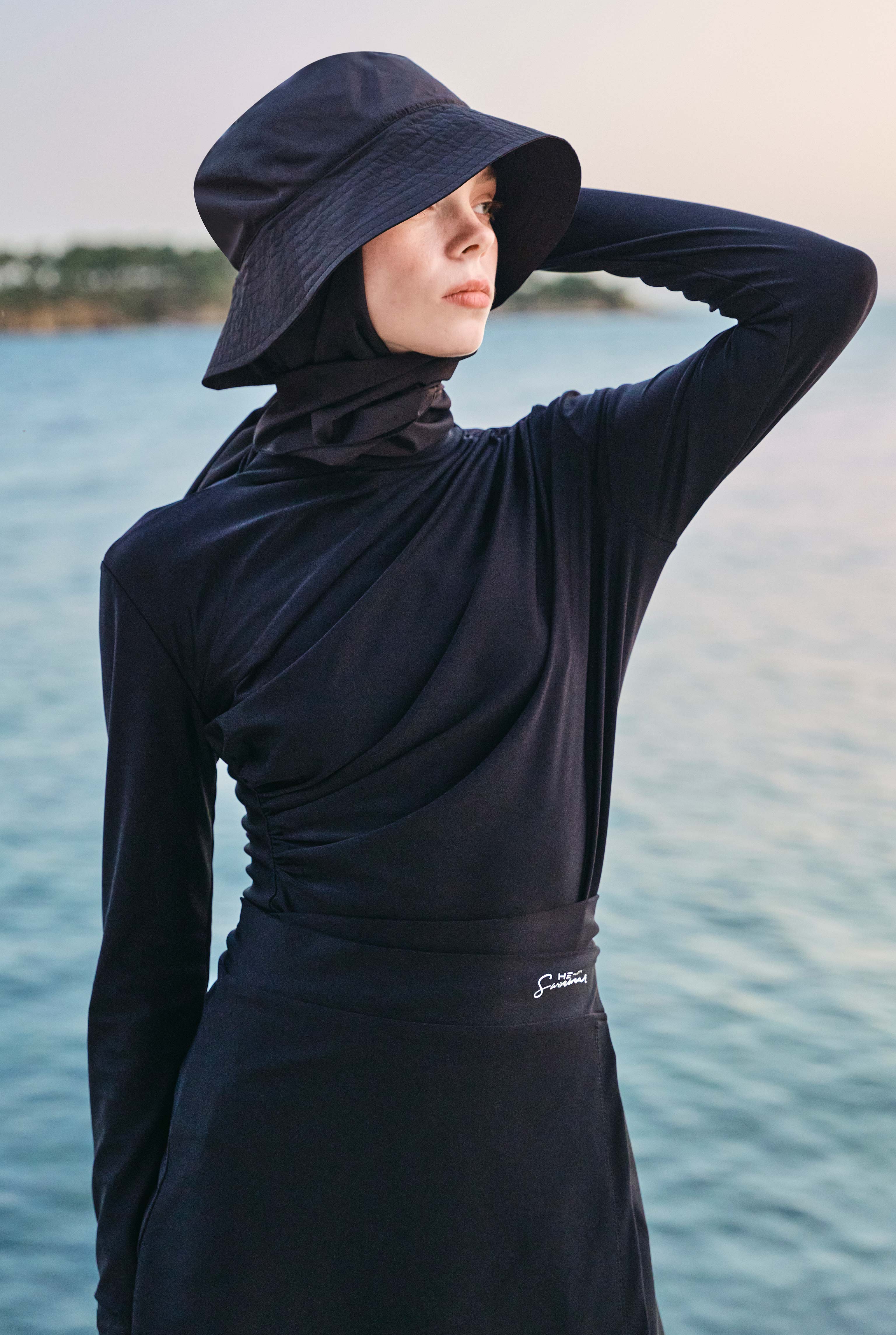 Draped Modest Swimwear Set Black - 10