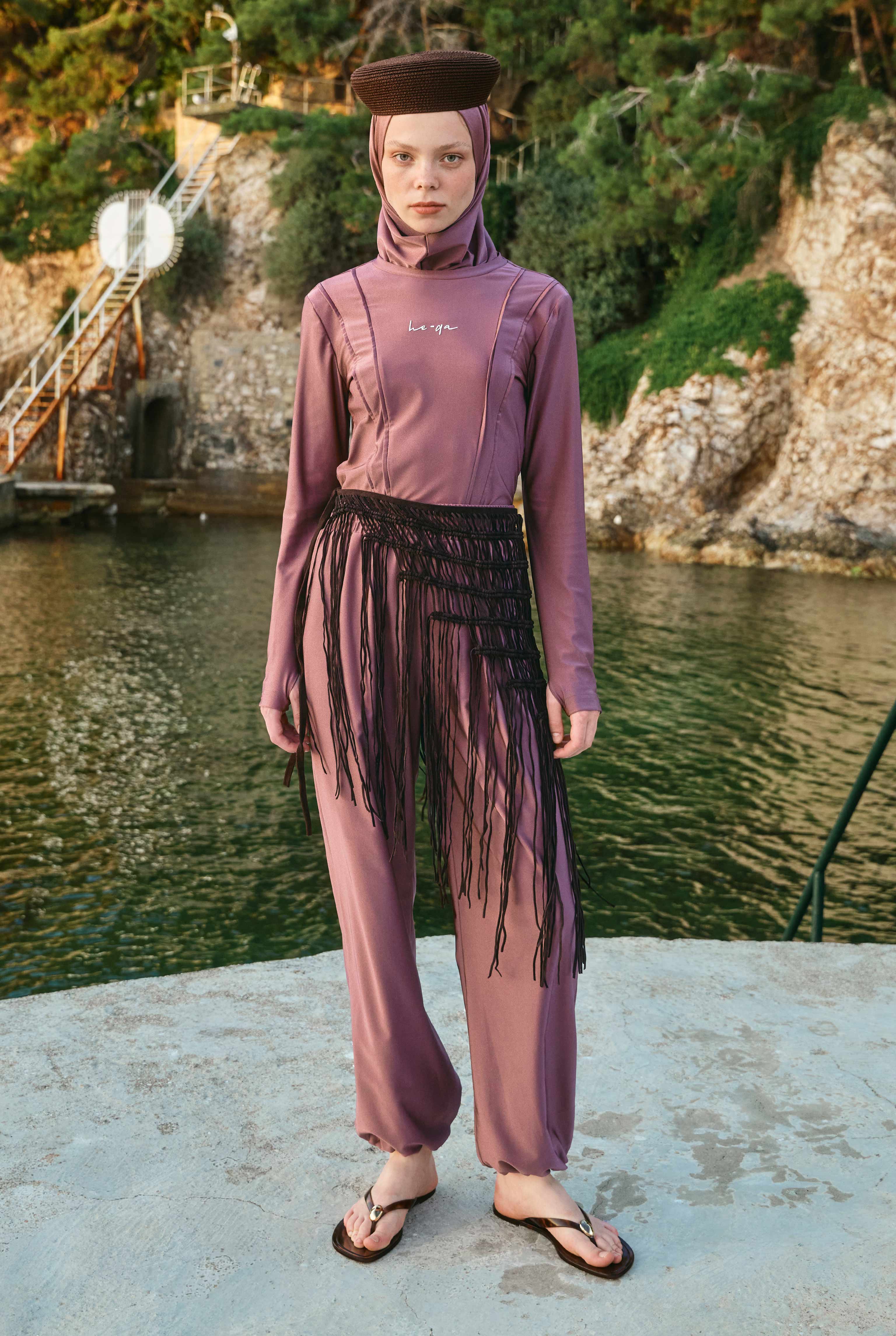 Pintuck Detailed Modest Swimwear Rose - HE-QA
