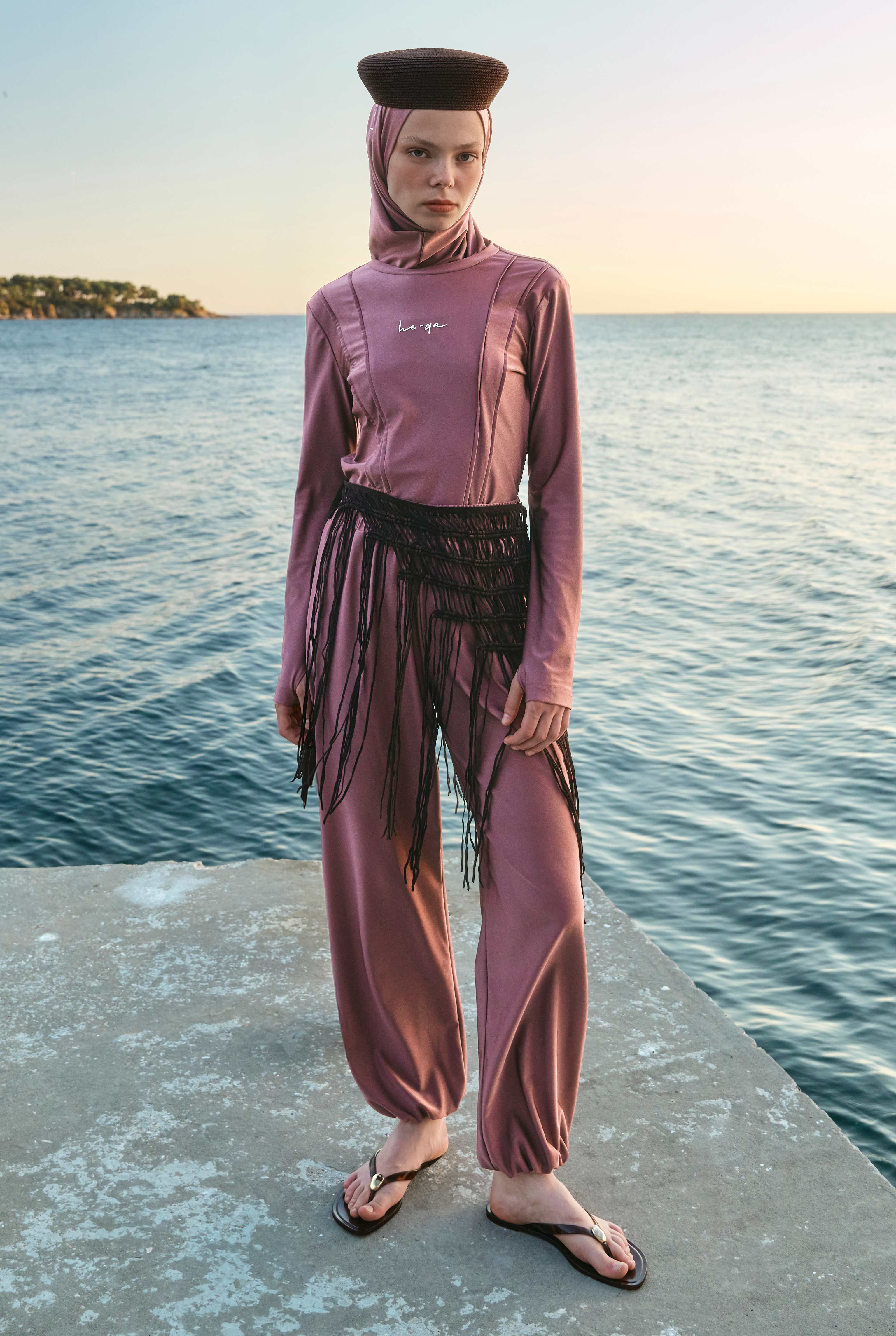 Pintuck Detailed Modest Swimwear Rose - 2