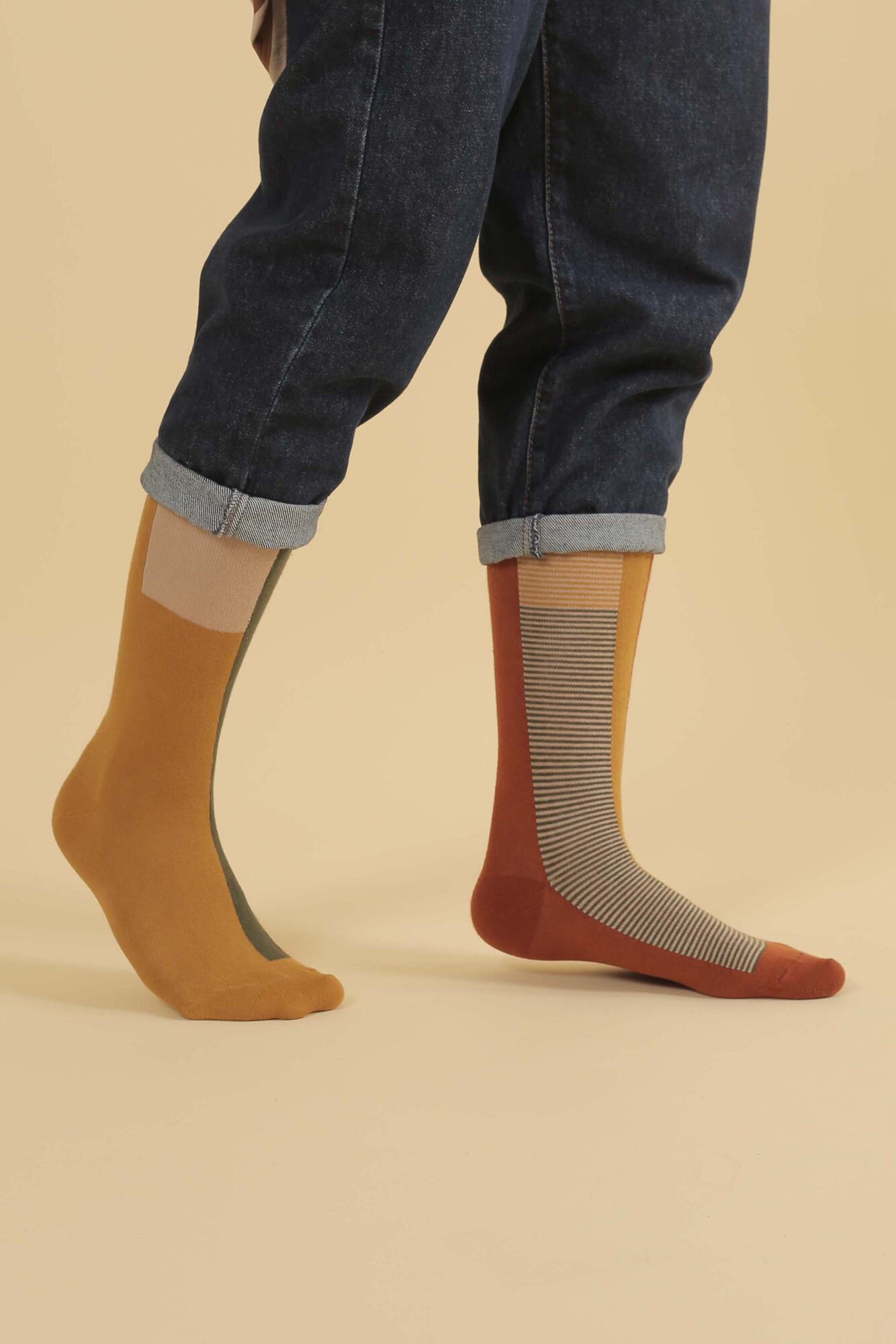 Asymmetric Midi Socks Olive Drab-Mustard - 3