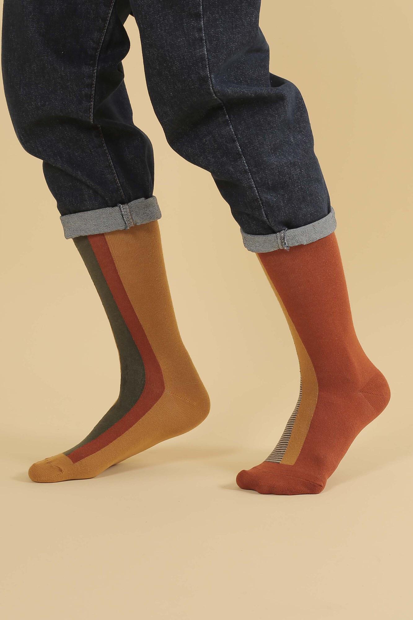 Asymmetric Midi Socks Olive Drab-Mustard - 4